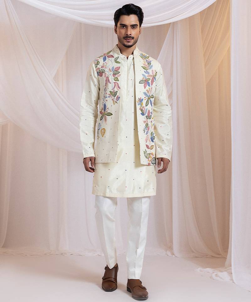 Off white embroidered satin nehru jacket