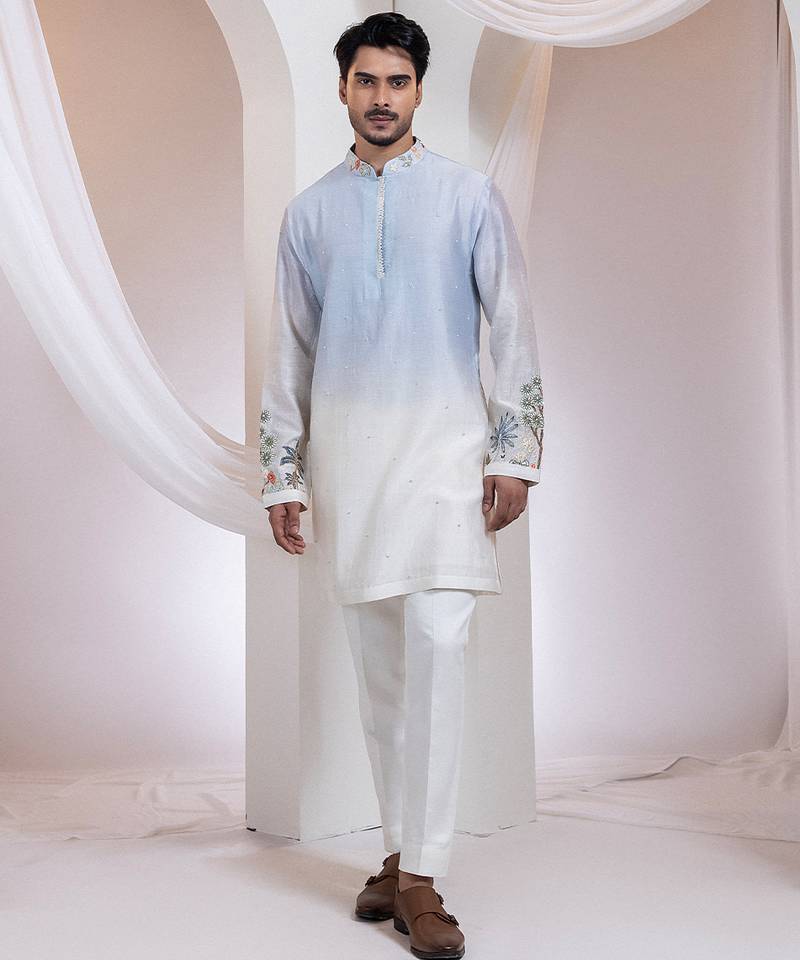 Blue embroidered chanderi kurta set