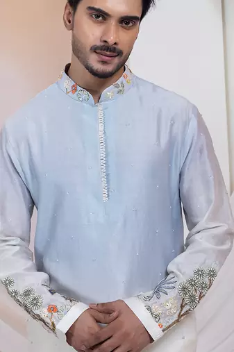 Blue embroidered chanderi kurta set