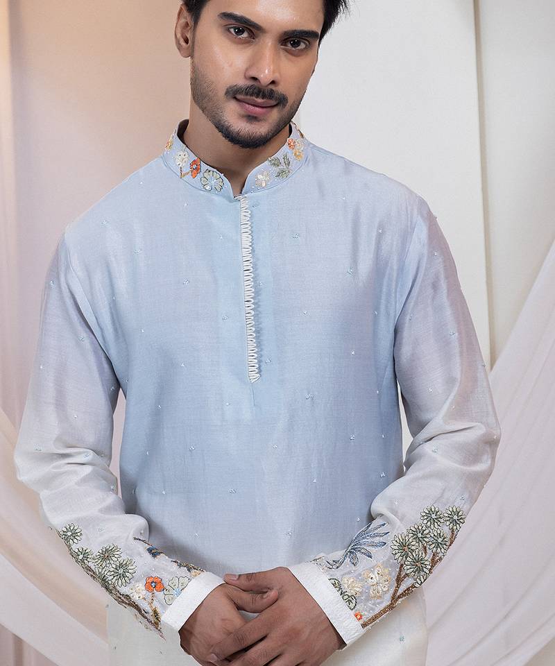 Blue embroidered chanderi kurta set