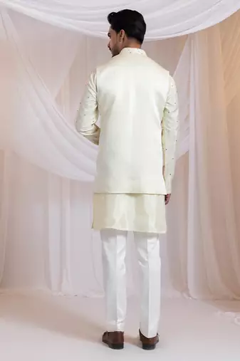 Off white embroidered satin nehru jacket