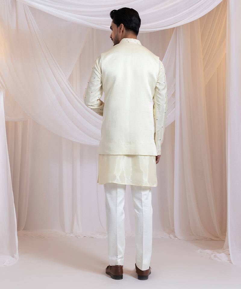 Off white embroidered satin nehru jacket