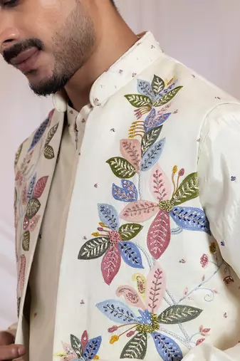 Off white embroidered satin nehru jacket