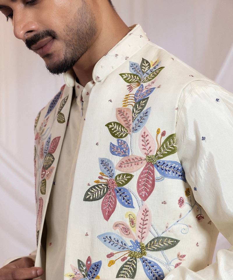 Off white embroidered satin nehru jacket