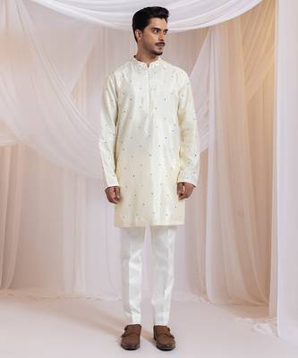 Off white printed silk nehru jacket set 1