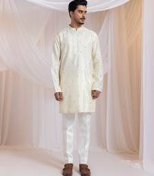 Off white printed silk nehru jacket set