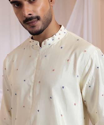 Off white printed silk nehru jacket set 2