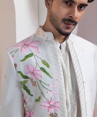 Ivory embroidered chanderi kurta jacket set 2