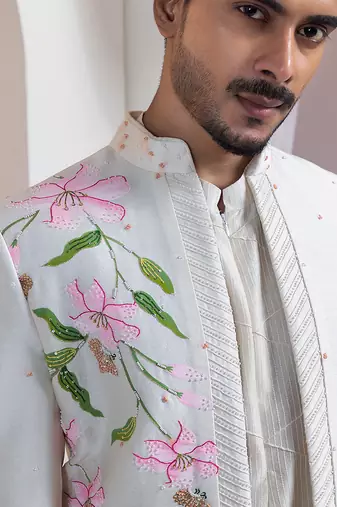 Ivory embroidered chanderi kurta jacket set