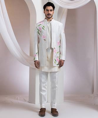 Ivory embroidered chanderi kurta jacket set 1
