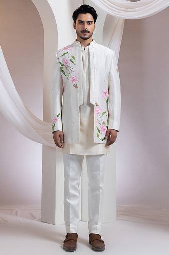 Ivory embroidered chanderi kurta jacket set