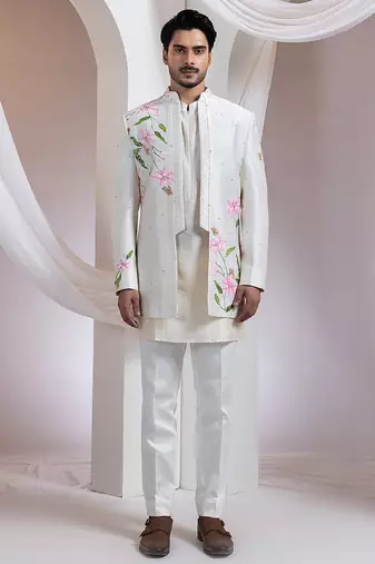 Ivory embroidered chanderi kurta jacket set