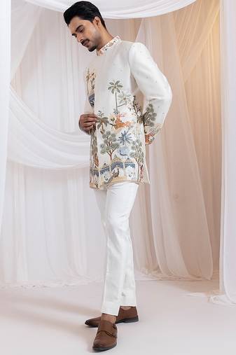 Off white embroidered chanderi bandhgala