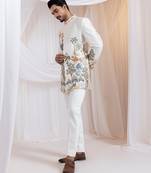 Off white embroidered chanderi bandhgala