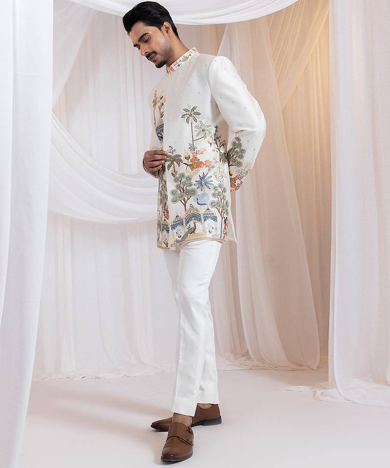 Off white embroidered chanderi bandhgala