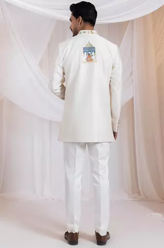 Off white embroidered chanderi bandhgala