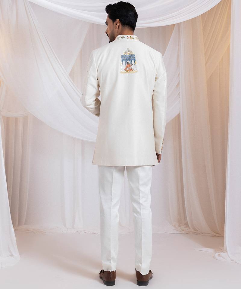 Off white embroidered chanderi bandhgala