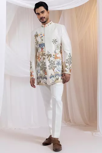 Off white embroidered chanderi bandhgala