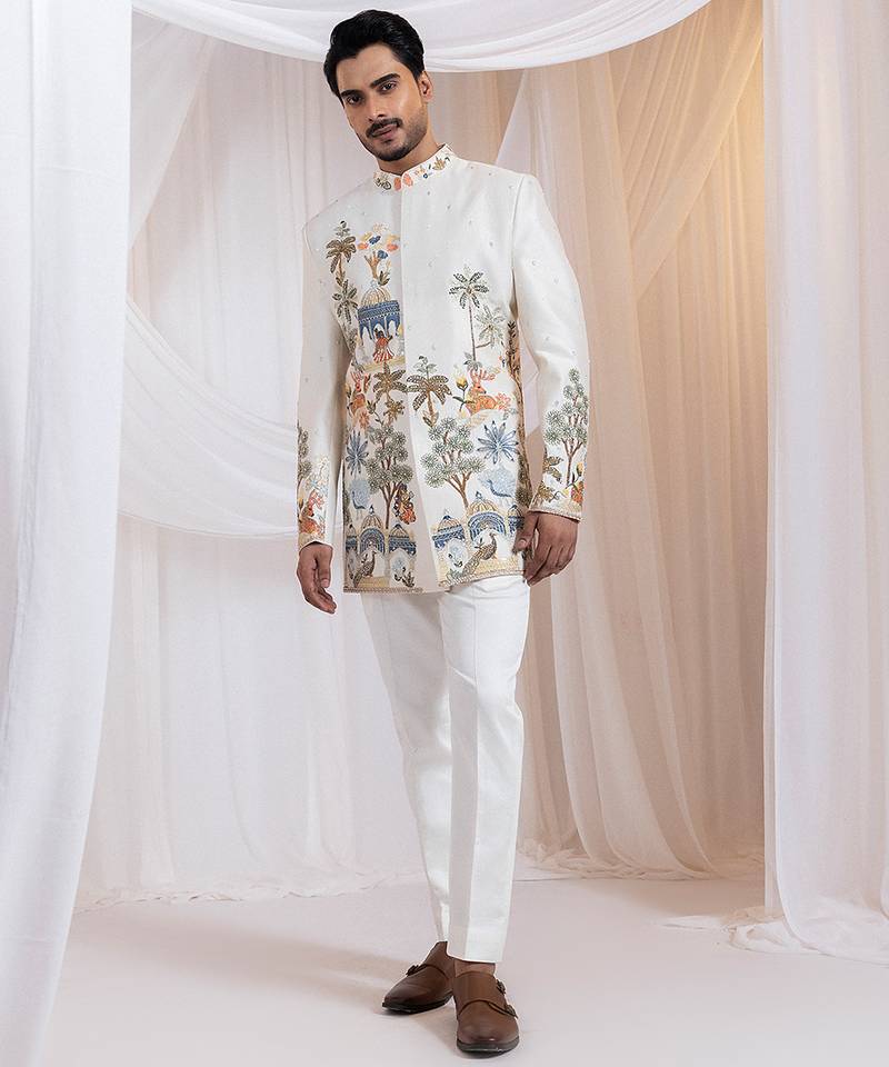 Off white embroidered chanderi bandhgala