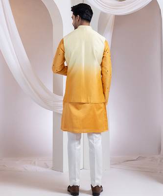 Mustard embroidered chanderi nehru jacket set 2