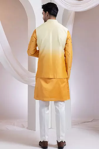 Mustard embroidered chanderi nehru jacket set