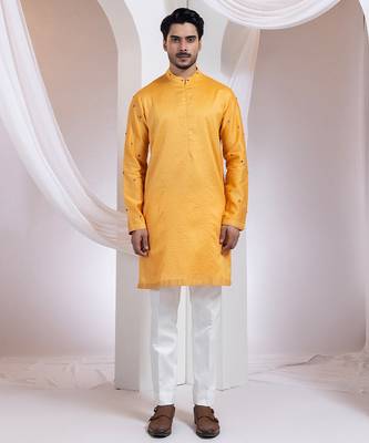 Mustard plain chanderi kurta set 1