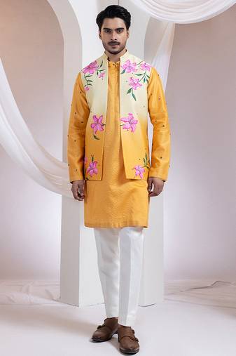 Mustard embroidered chanderi nehru jacket set