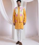 Mustard embroidered chanderi nehru jacket set