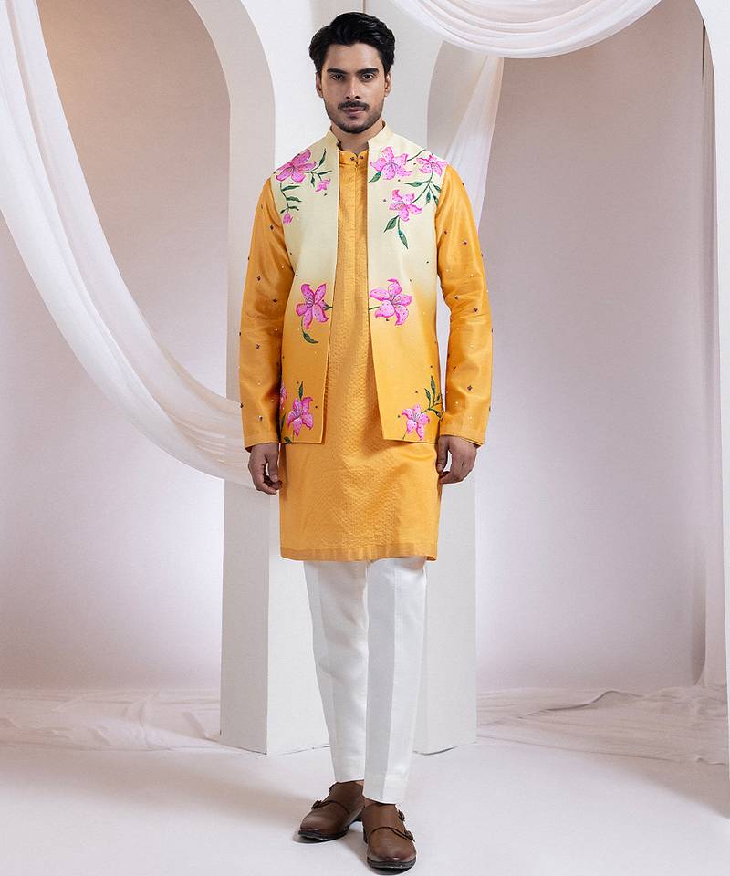 Mustard embroidered chanderi nehru jacket set