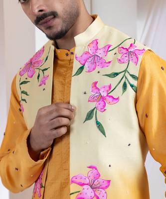Mustard embroidered chanderi nehru jacket set 3