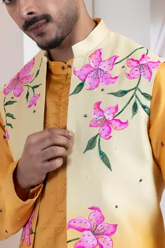 Mustard embroidered chanderi nehru jacket set
