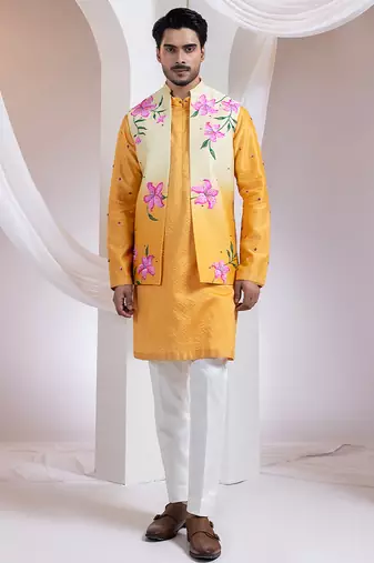 Mustard embroidered chanderi nehru jacket