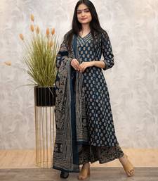 Floral printed blue v-neck pure cotton kurta with trouser & dupatta set