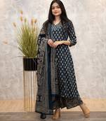 Floral printed blue v-neck pure cotton kurta with trouser & dupatta set