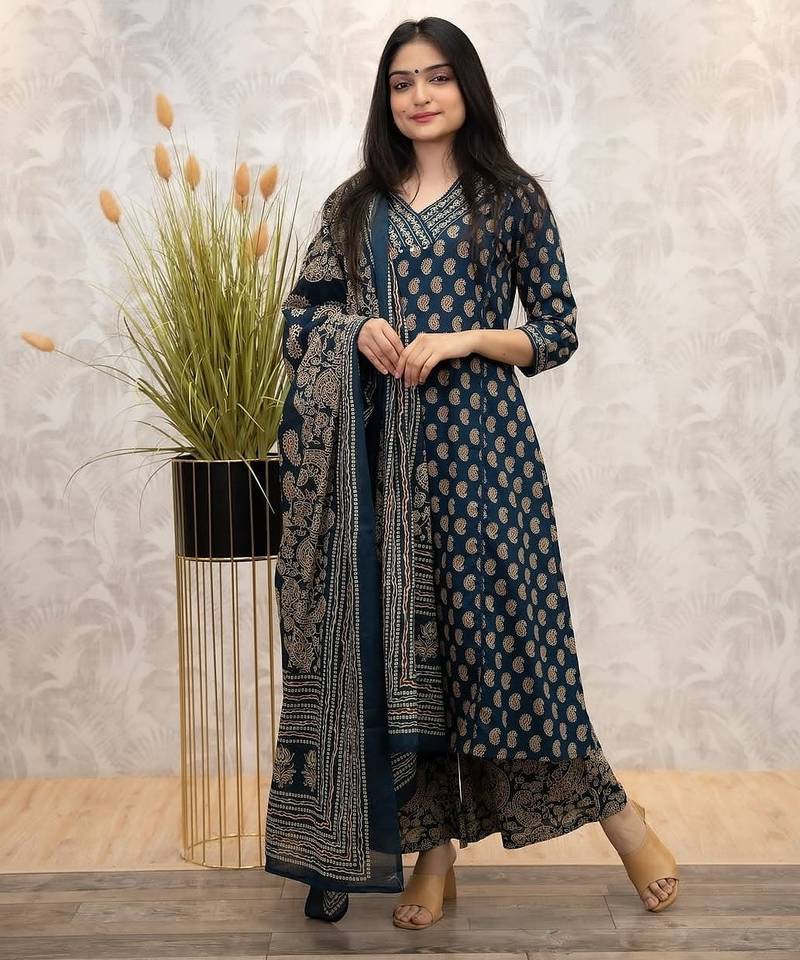 Floral printed blue v-neck pure cotton kurta with trouser & dupatta set