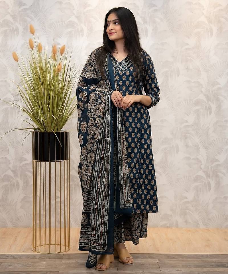 Floral printed blue v-neck pure cotton kurta with trouser & dupatta set