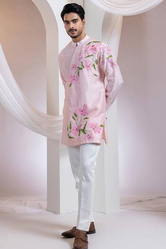 Pink embroidered chanderi kurta set