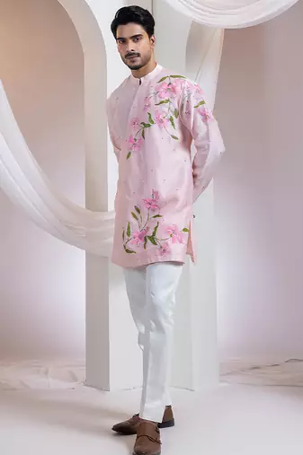 Pink embroidered chanderi kurta set