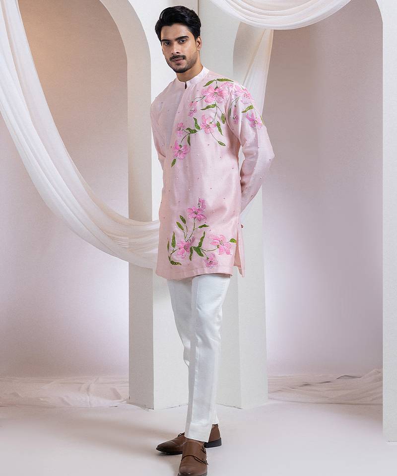 Pink embroidered chanderi kurta set