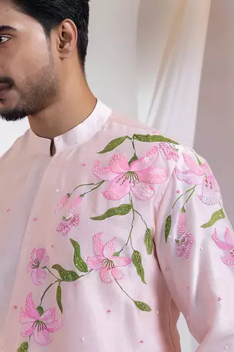 Pink embroidered chanderi kurta set