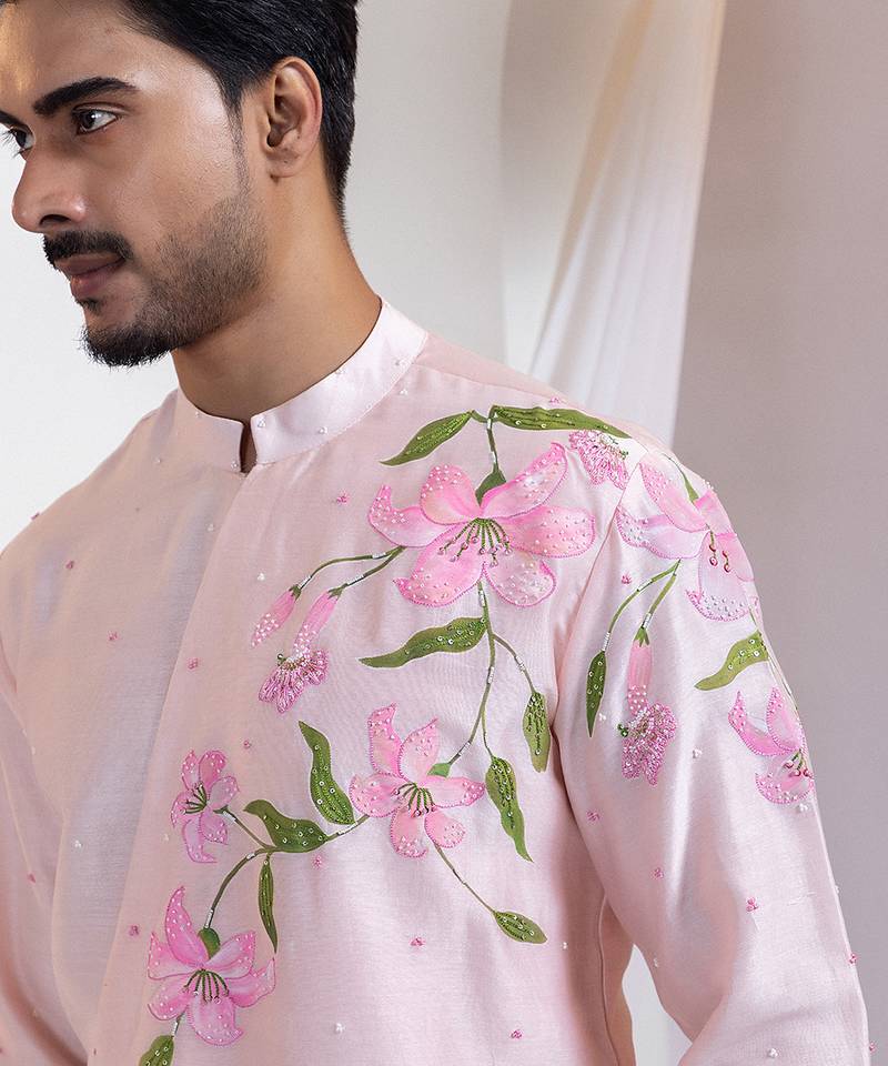 Pink embroidered chanderi kurta set