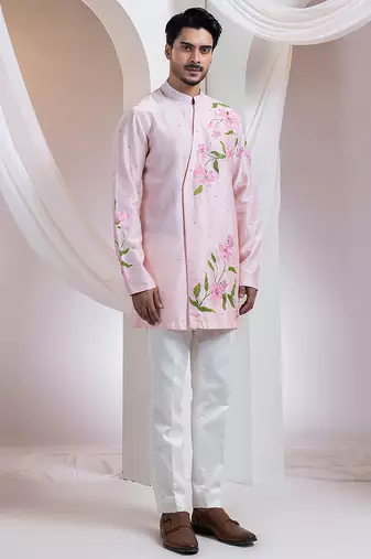 Pink embroidered chanderi kurta set