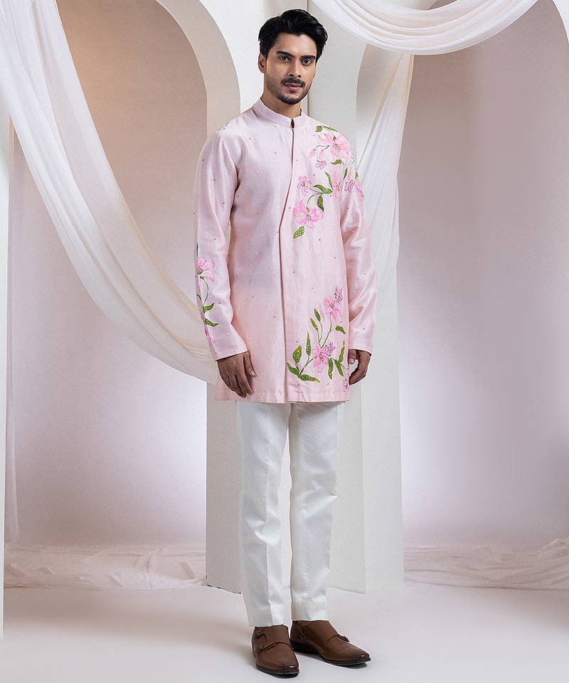 Pink embroidered chanderi kurta set