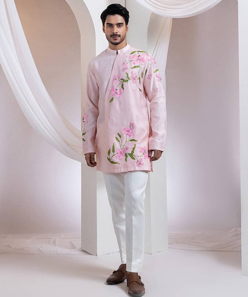 Pink embroidered chanderi kurta set