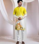 Yellow and White printed chanderi kurta set