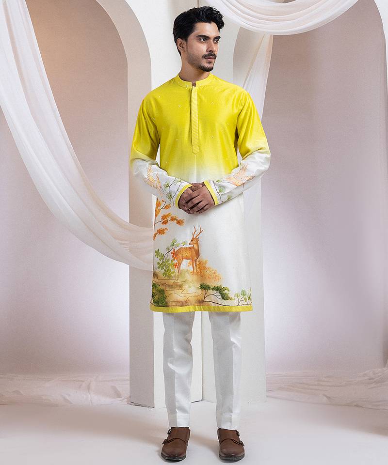 Yellow and White printed chanderi kurta set