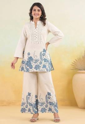 Floral embroidered white round neck cotton co-ord set 1