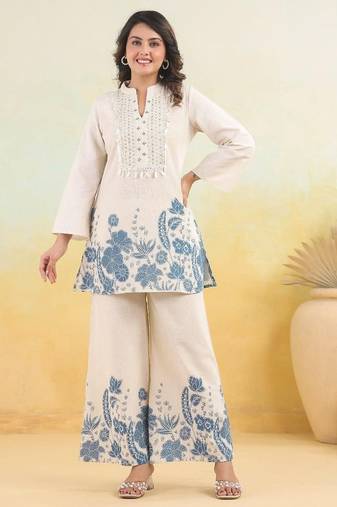 Floral embroidered white round neck cotton co-ord set