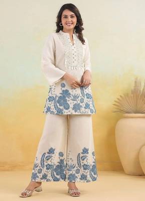 Floral embroidered white round neck cotton co-ord set 2