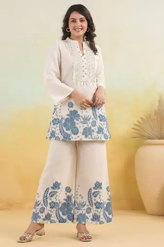 Floral embroidered white round neck cotton co-ord set